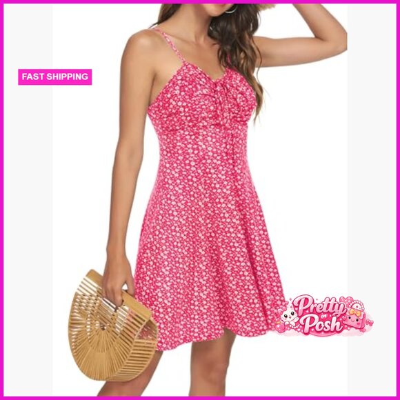 Spaghetti Strap Floral Mini Dress Ruched Front Drawstring Sundress - Picture 3 of 7